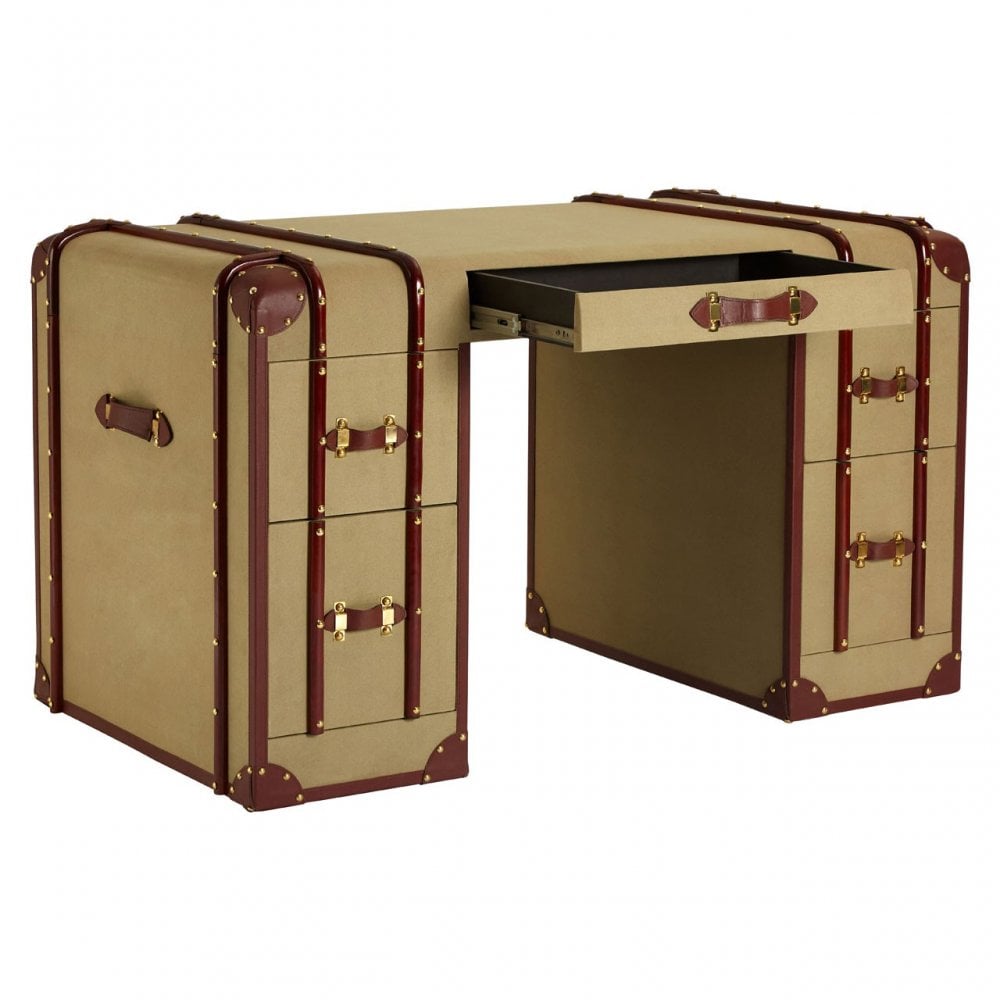 Columbus Leather Trim Canvas Desk, Canvas, Mango Wood, Gold