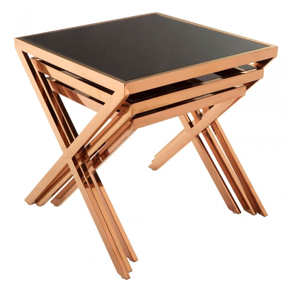 Pantino Rose Gold Nesting Tables, Stainless Steel, Glass, Rose Gold