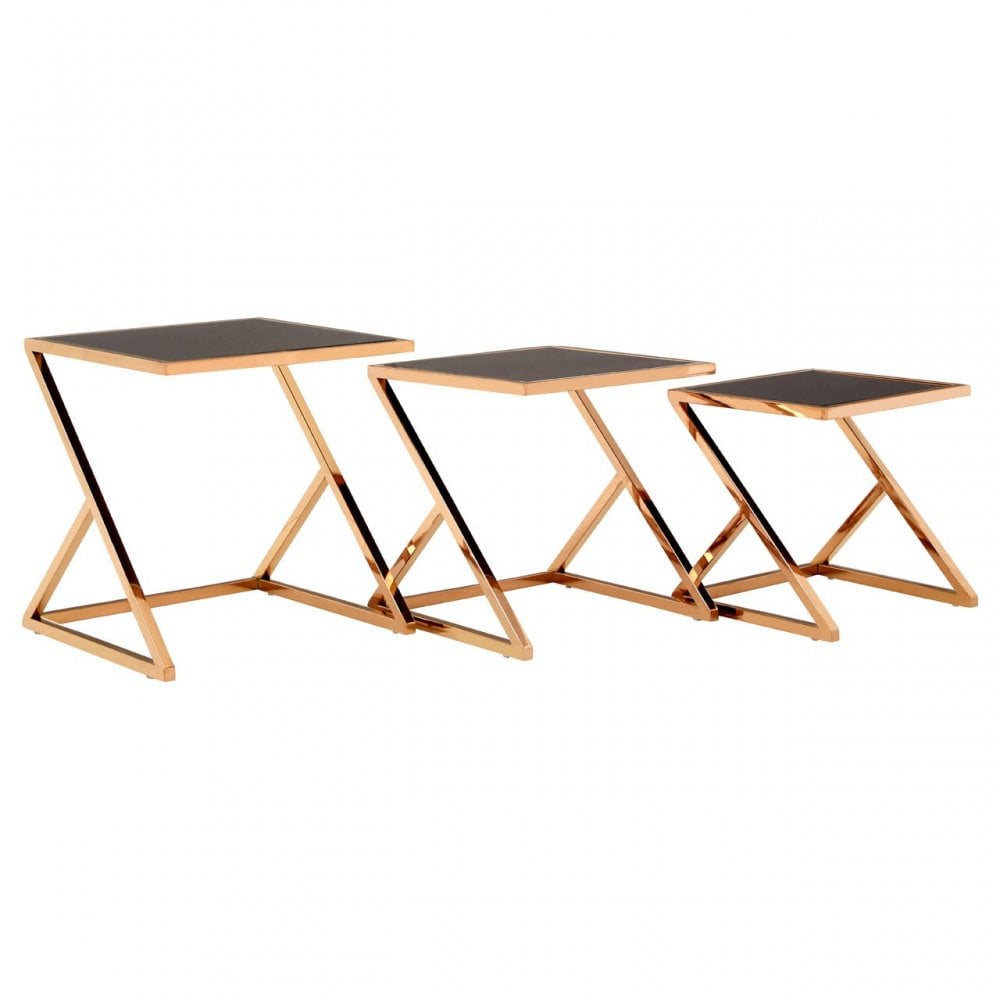 Pantino Nest of 3 Tables with Rose Gold Frames, Stainless Steel, Glass, Rose Gold