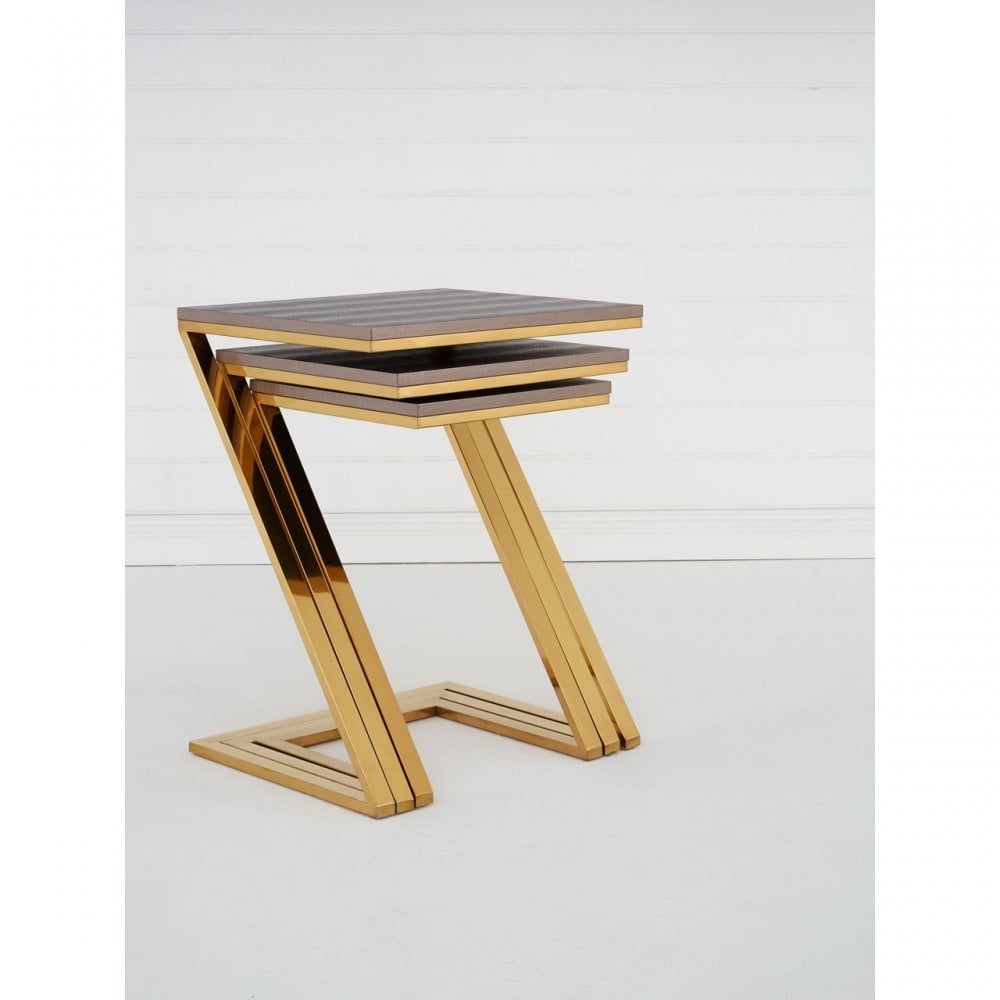 Pacific Faux Snake Skin Nest of 3 Tables, Wood, Stainless Steel, Gold
