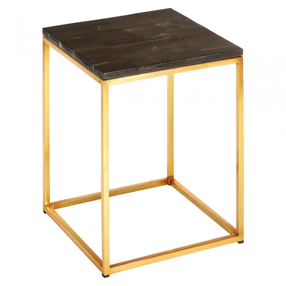 Artefacto Dark Petrified Wood Square Side Table, Iron, Petrified Wood, Brass