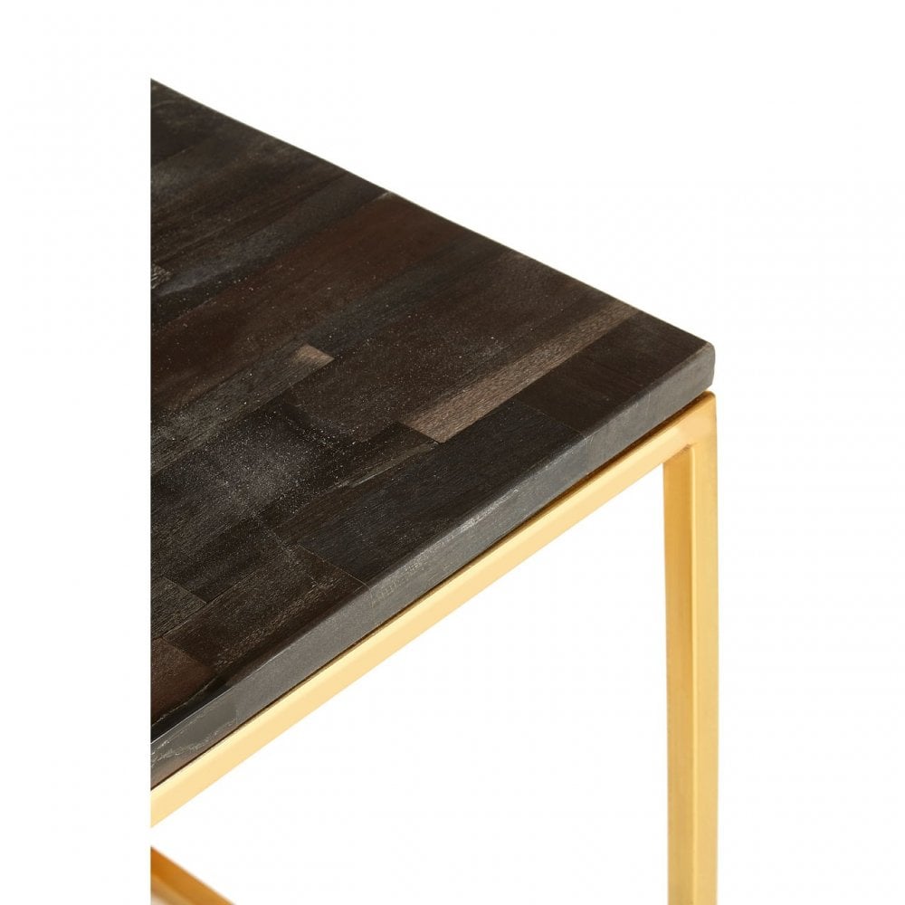 Artefacto Dark Petrified Wood Square Side Table, Iron, Petrified Wood, Brass