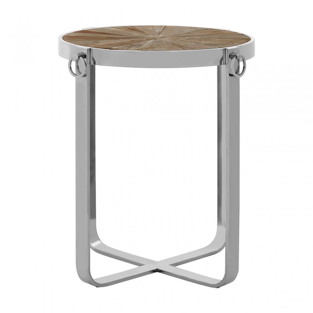 Mitra Side Table, Elm Wood, Stainless Steel, Silver