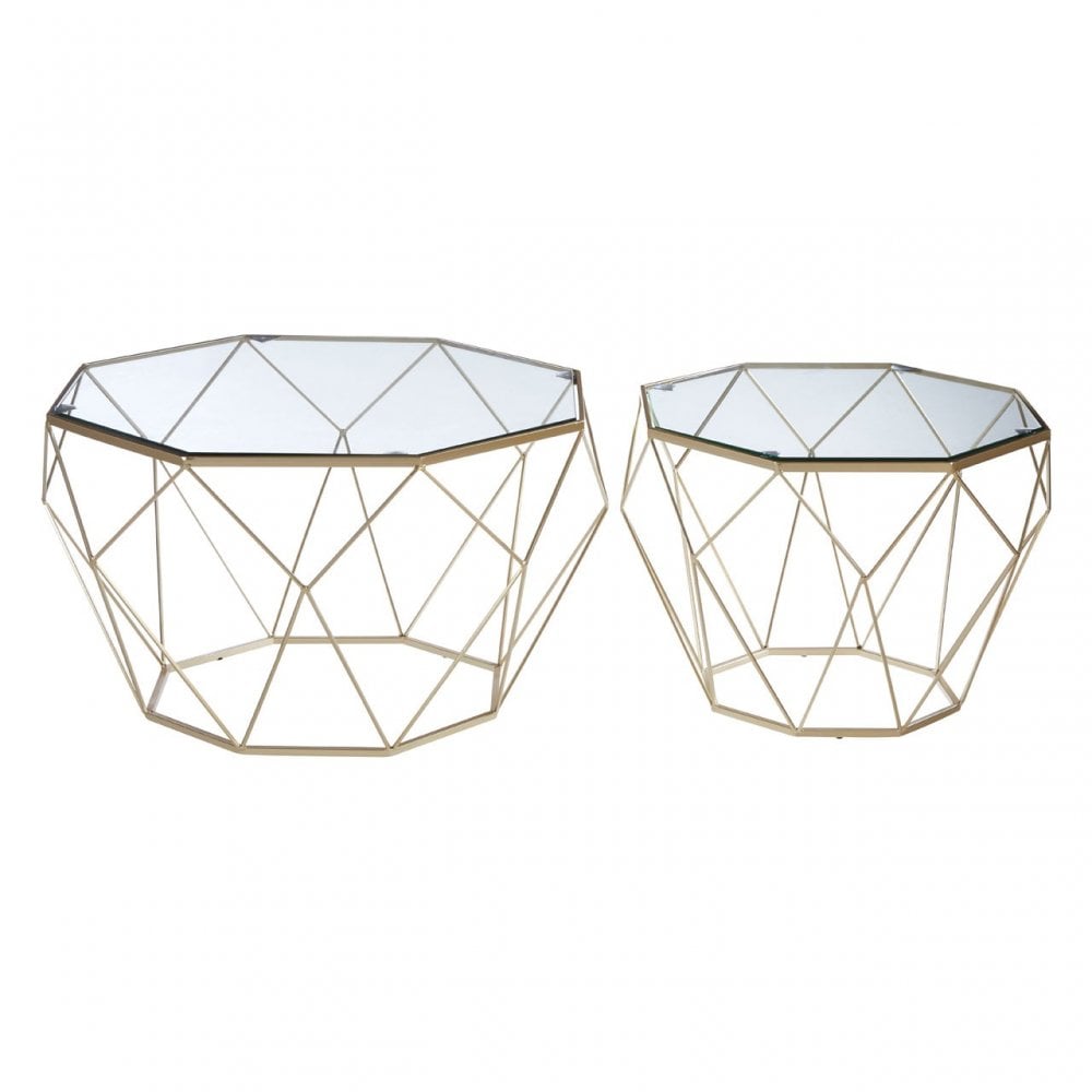 Calias Set of 2 Clear Glass Tables, Iron, Tempered Glass, Silver