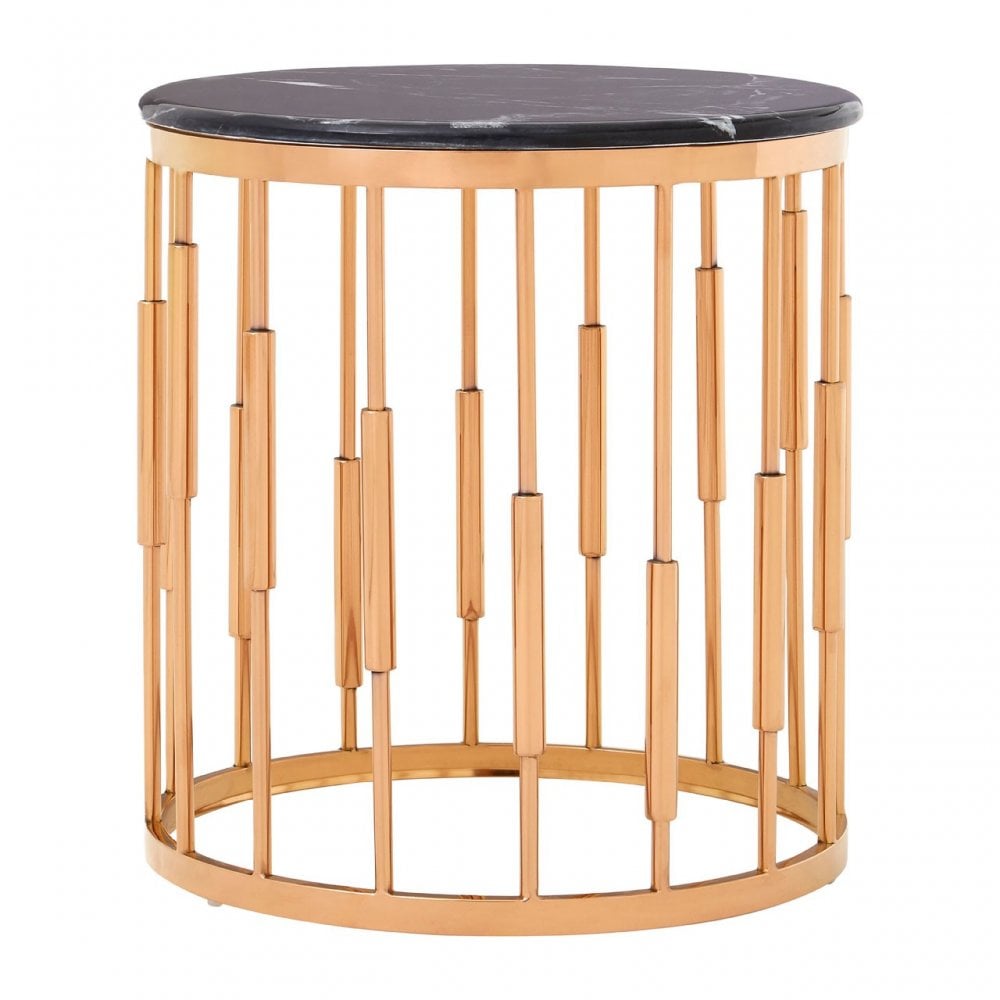 Camperian Round Copper Finish Side Table, Marble, Stainless Steel, Gold
