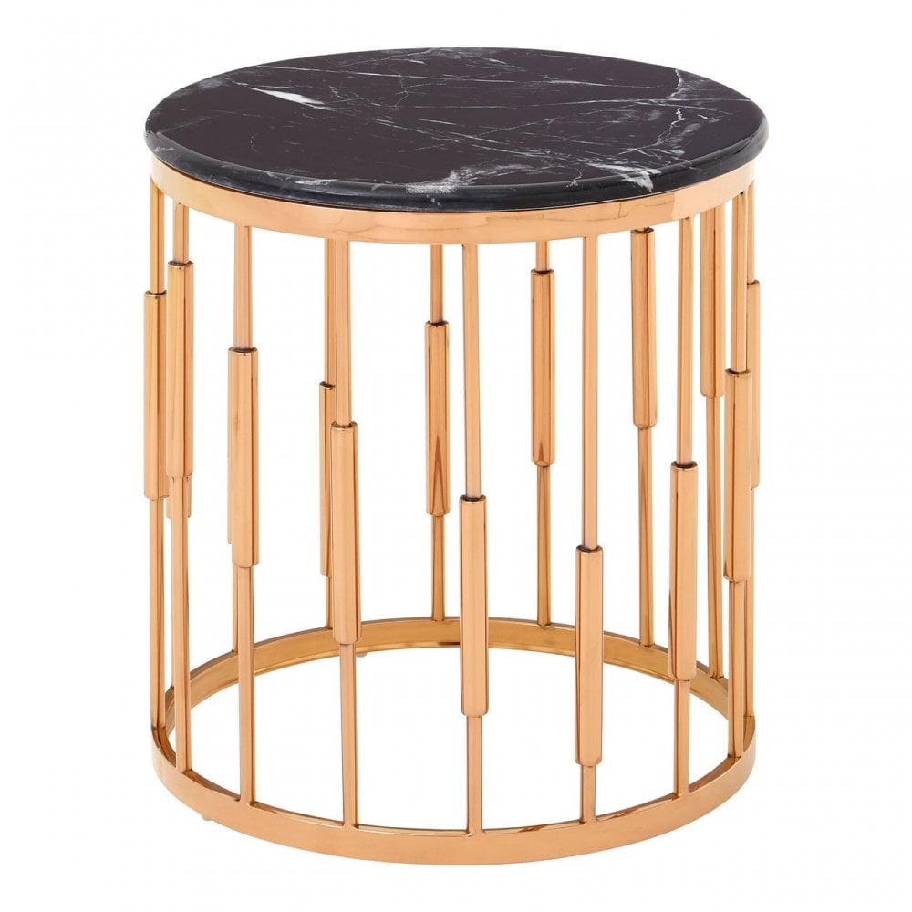 Camperian Round Copper Finish Side Table, Marble, Stainless Steel, Gold