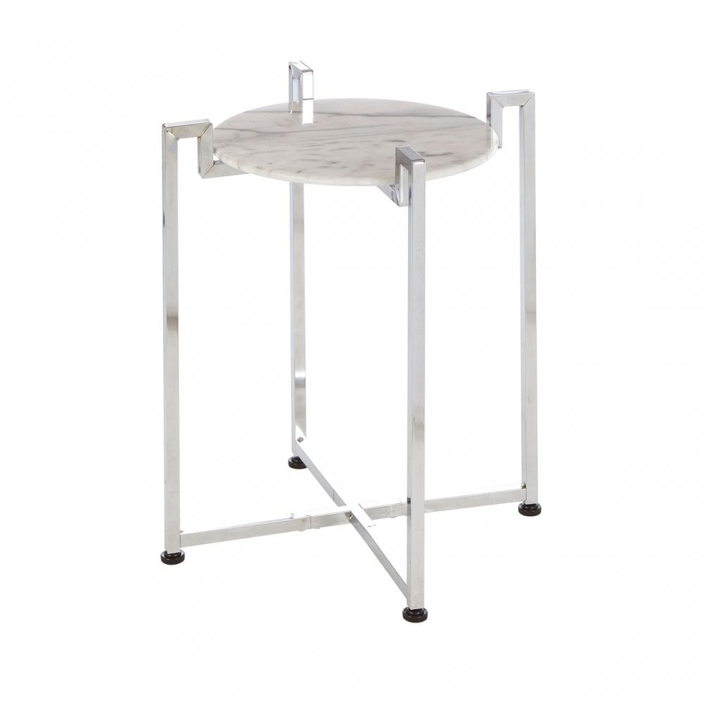 White Marble Side Table with Chrome Base, Marble, White