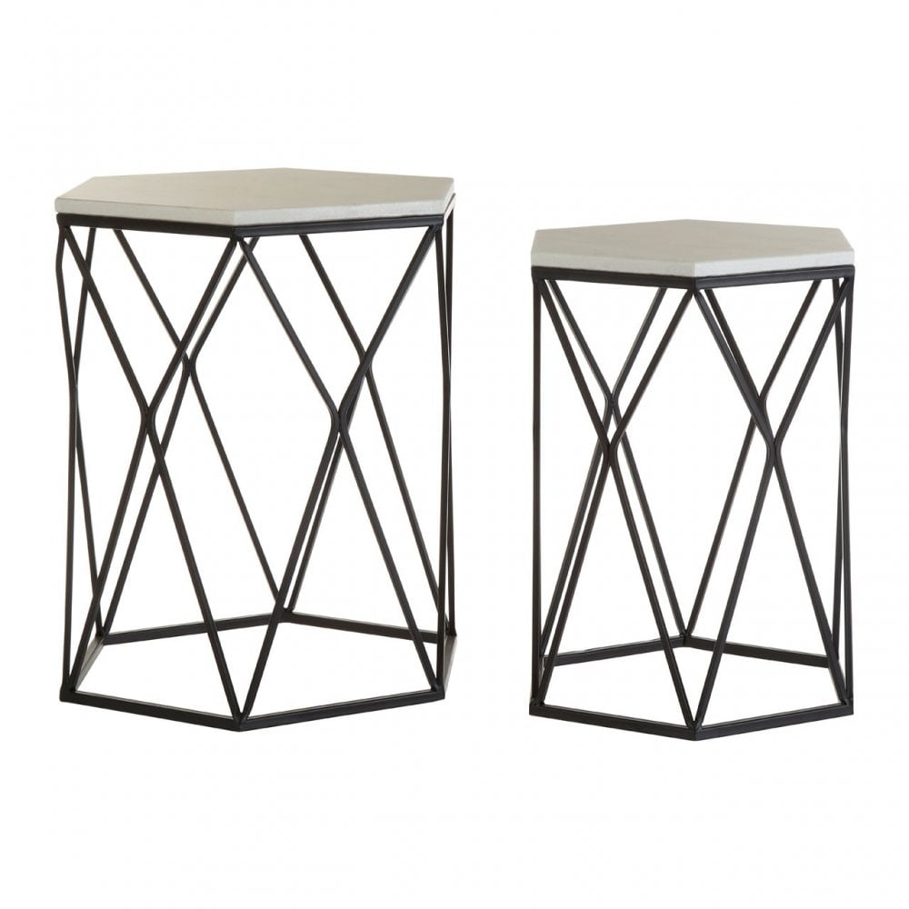Calias White Marble / Black Steel Side Tables, Marble, Steel, Black
