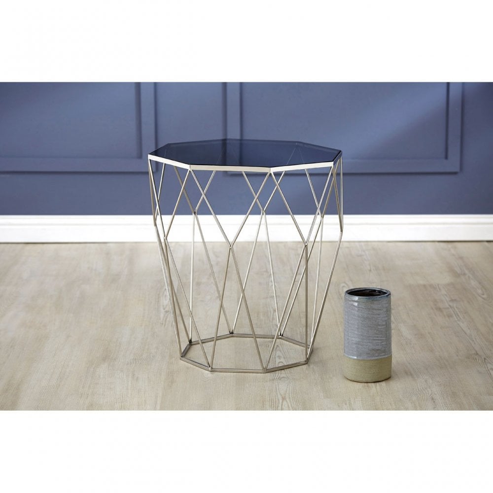 Gianna Octagonal Silver Side Table, Stainless Steel, Glass, Black