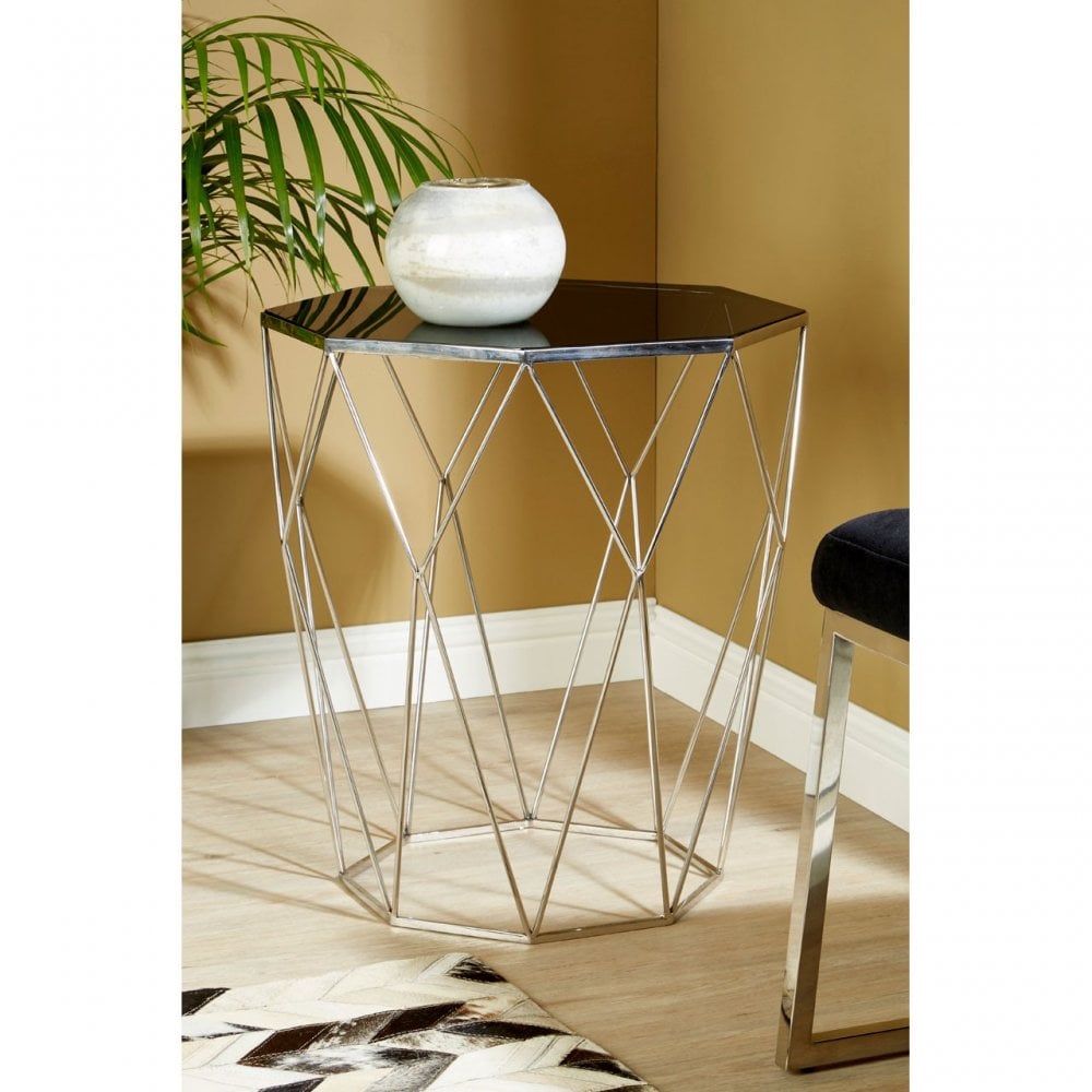 Gianna Octagonal Silver Side Table, Stainless Steel, Glass, Black