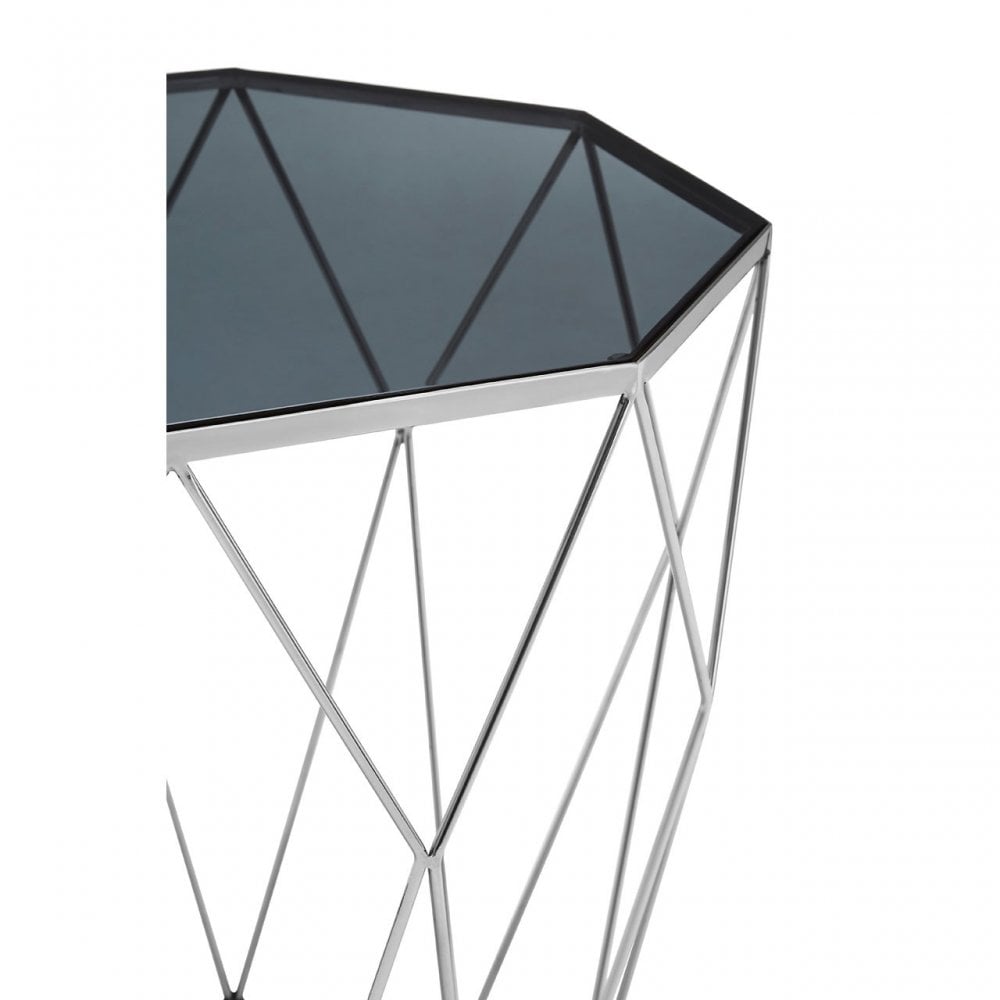 Gianna Octagonal Silver Side Table, Stainless Steel, Glass, Black