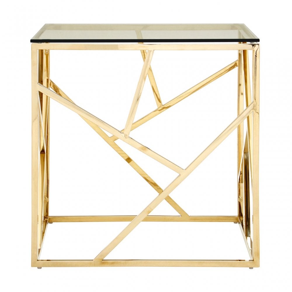 Enrich Champagne Gold Geometric End Table, Stainless Steel, Glass, Gold