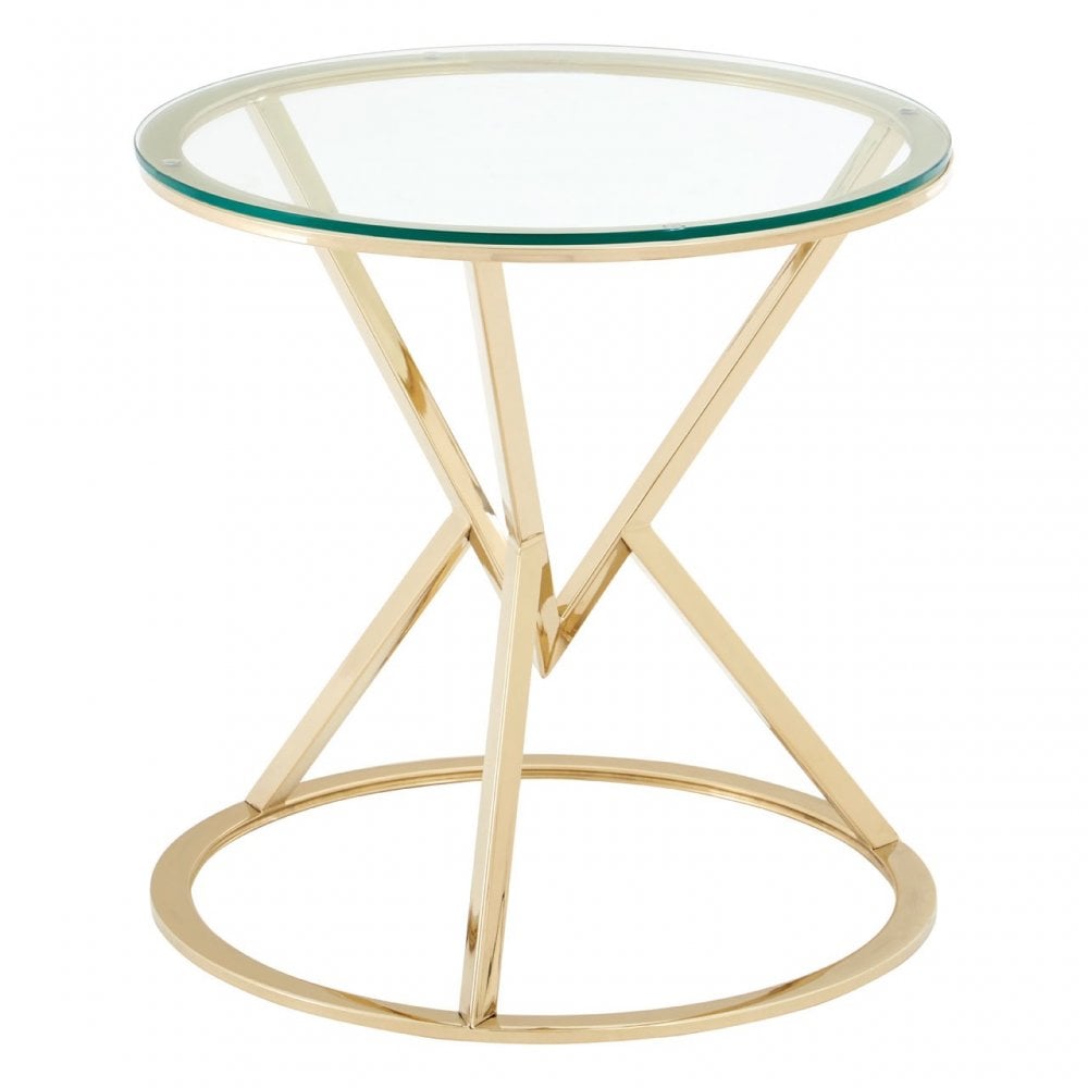 Enrich Corseted Round Champagne End Table, Stainless Steel, Glass, Gold