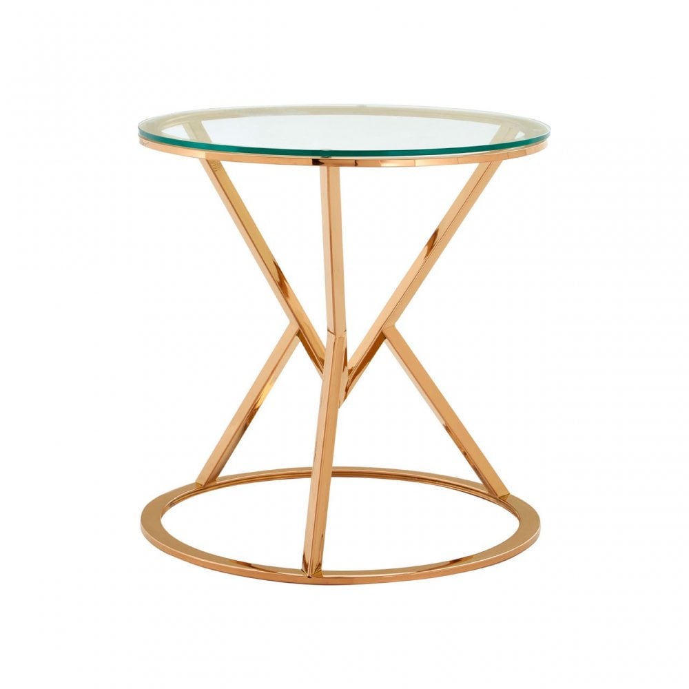 Enrich Corseted Round Rose Gold End Table, Stainless Steel, Glass, Rose Gold