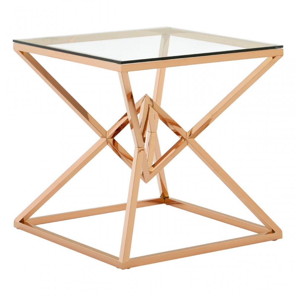 Enrich Corseted Square Rose Gold End Table, Stainless Steel, Glass, Rose Gold
