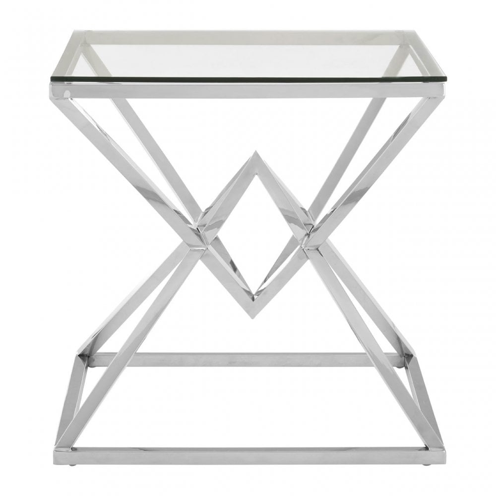 Enrich Corseted Square Silver End Table, Stainless Steel, Glass, Silver