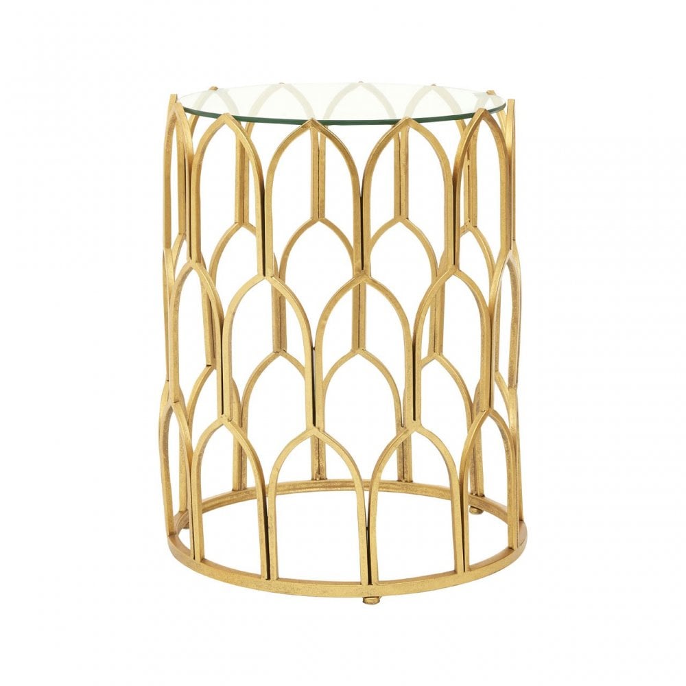 Merlin Gold Leaf Side Table, Tempered Glass, Iron, Gold