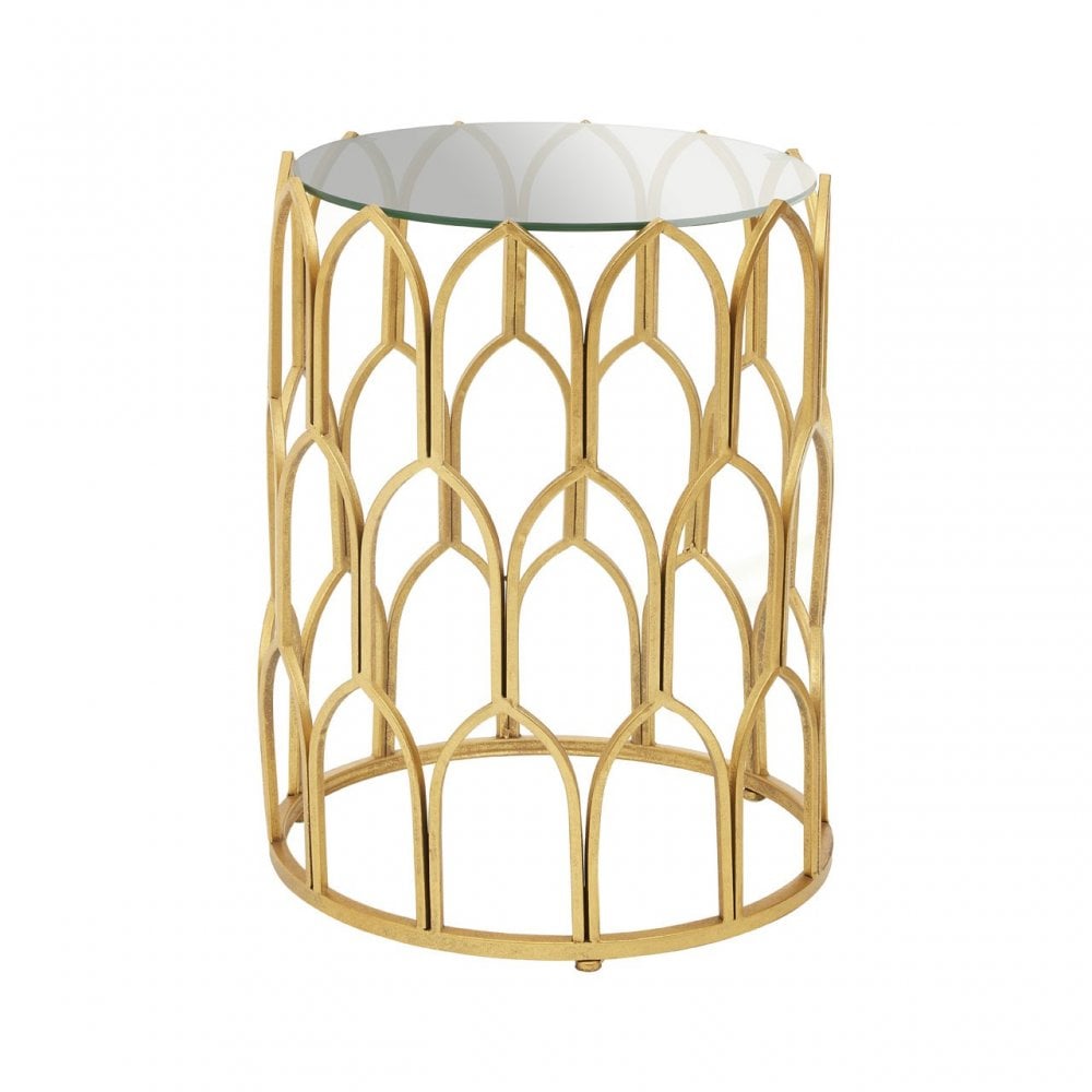 Merlin Gold Leaf Side Table, Tempered Glass, Iron, Gold