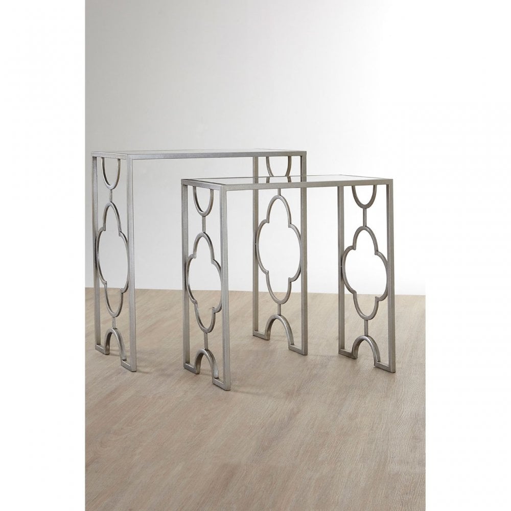 Merlin Silver Leaf Side Tables €€Œ Set of 2, Iron, Mirrored Glass, Silver