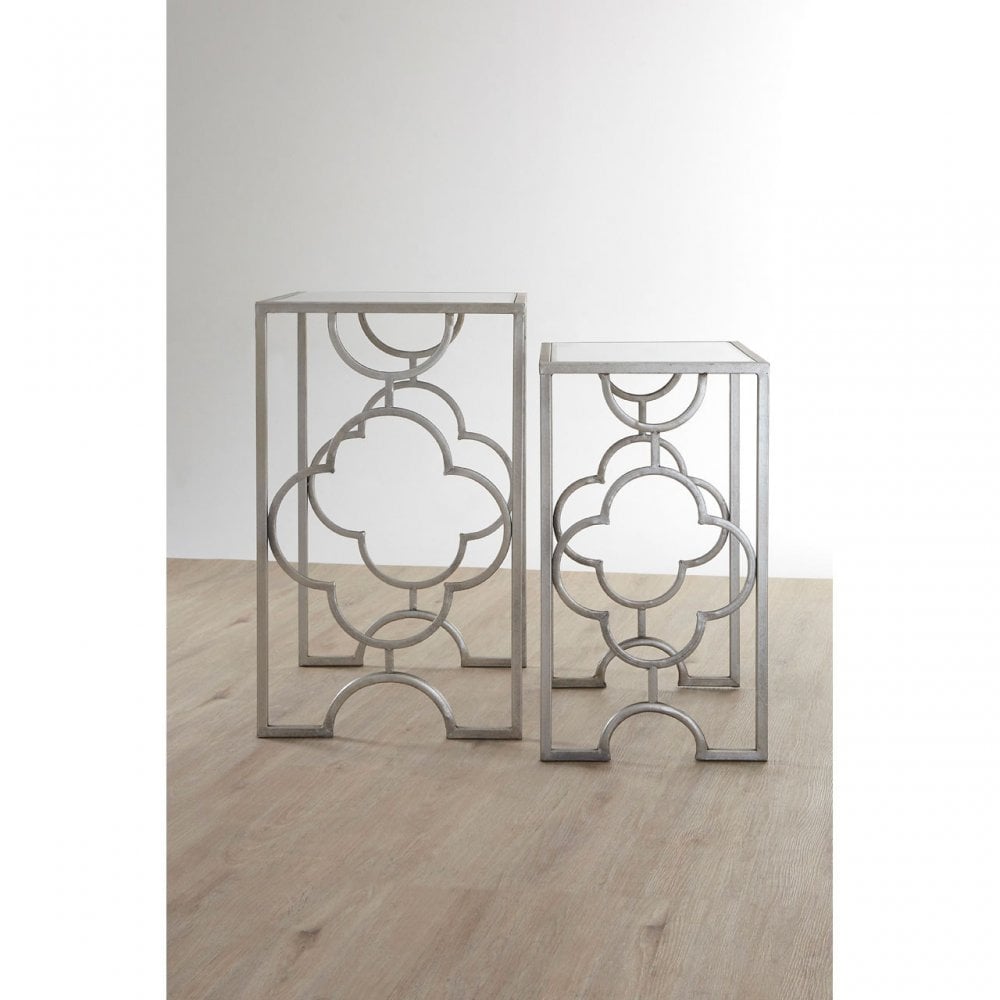 Merlin Silver Leaf Side Tables €€Œ Set of 2, Iron, Mirrored Glass, Silver