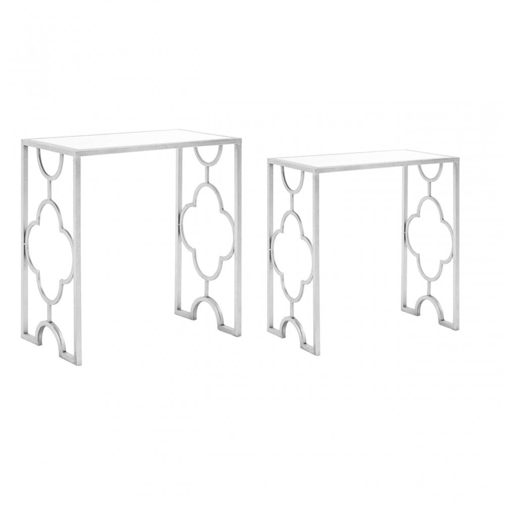 Merlin Silver Leaf Side Tables €€Œ Set of 2, Iron, Mirrored Glass, Silver