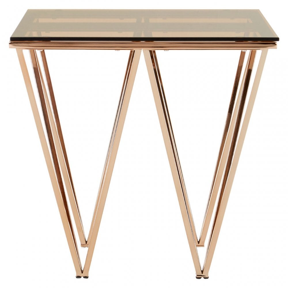 Enrich Square Champagne Triangular End Table, Tempered Glass, Gold