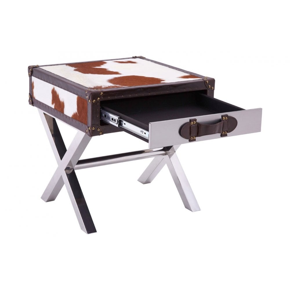 Brown / White Genuine Cowhide 1 Drawer Table, Cowhide, Stainless Steel, Brown
