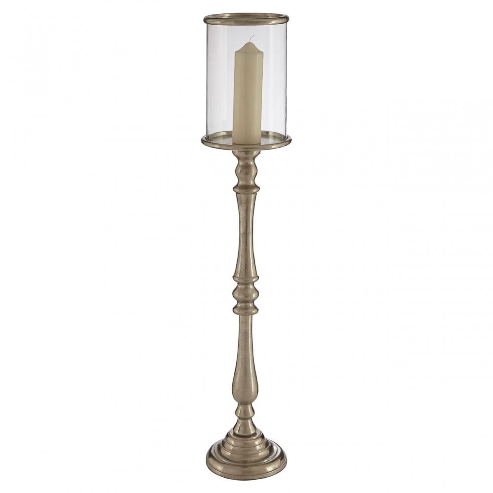 Large Nickel Candle Holder, Aluminium, Glass, Mango Wood, Nickel, Silver