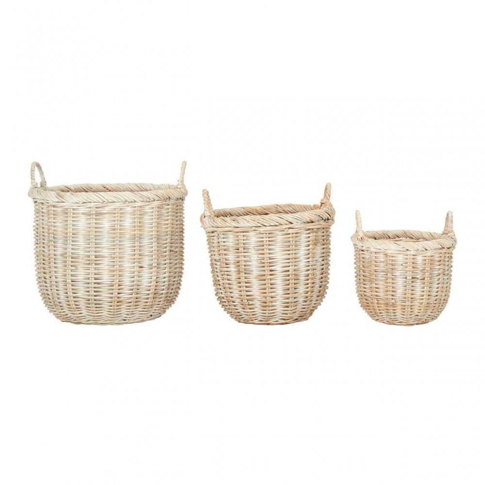 Ratallio Set Of 3 Kubu Rattan Laundry Baskets, Kubu Rattan, White