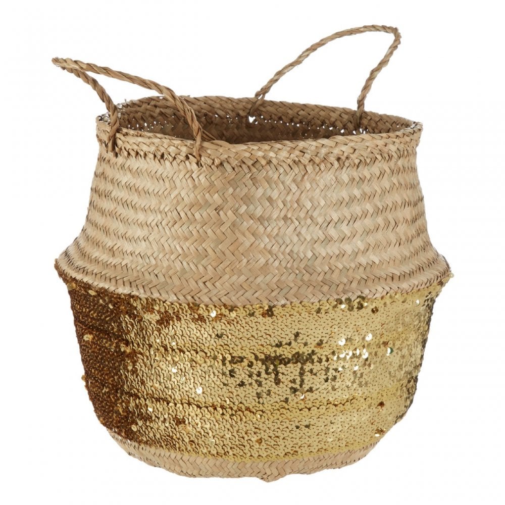 Gold Sequin Large Seagrass Basket, Seagrass, Natural