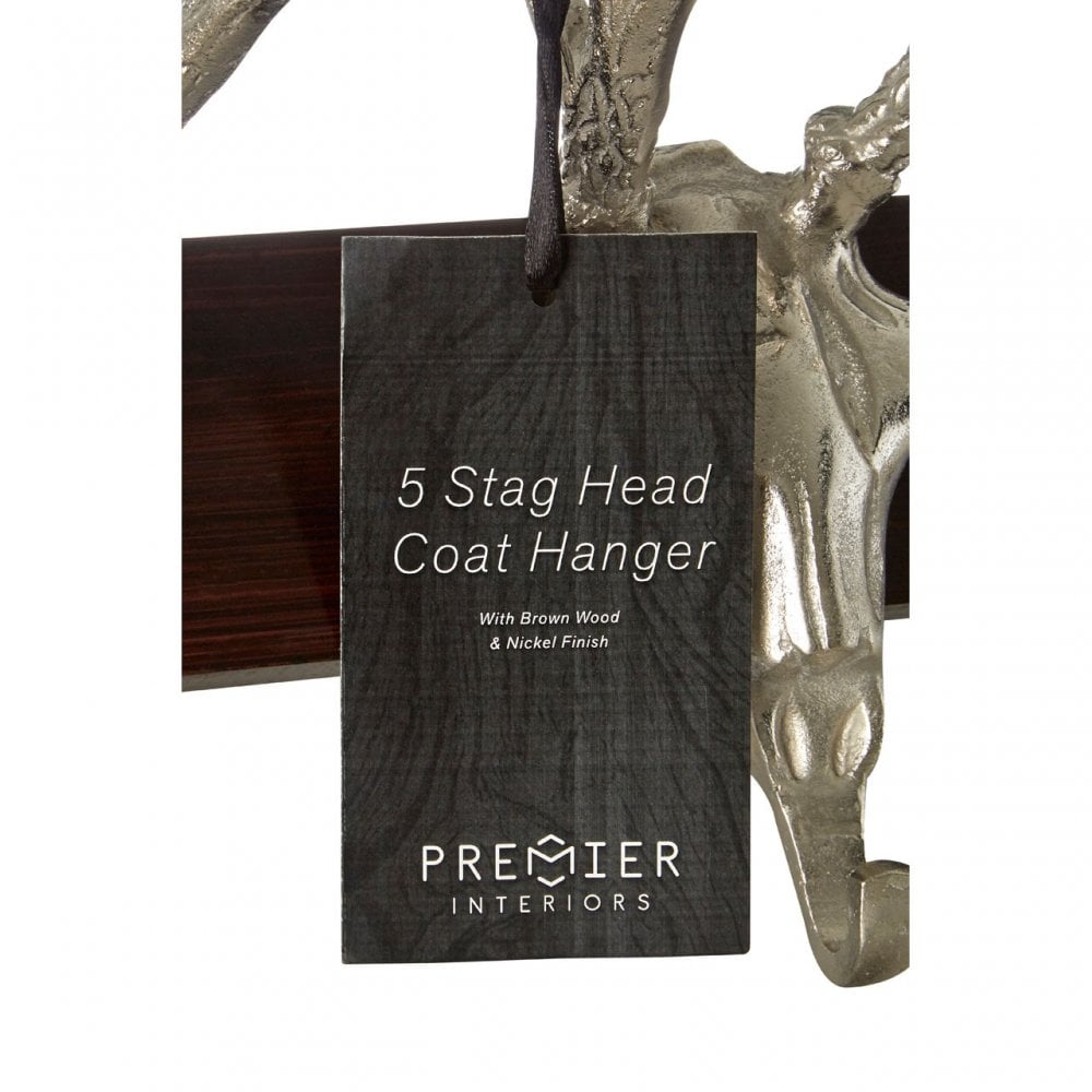5 Stag Head Hanger, Aluminium, Nickel, Wood, Brown