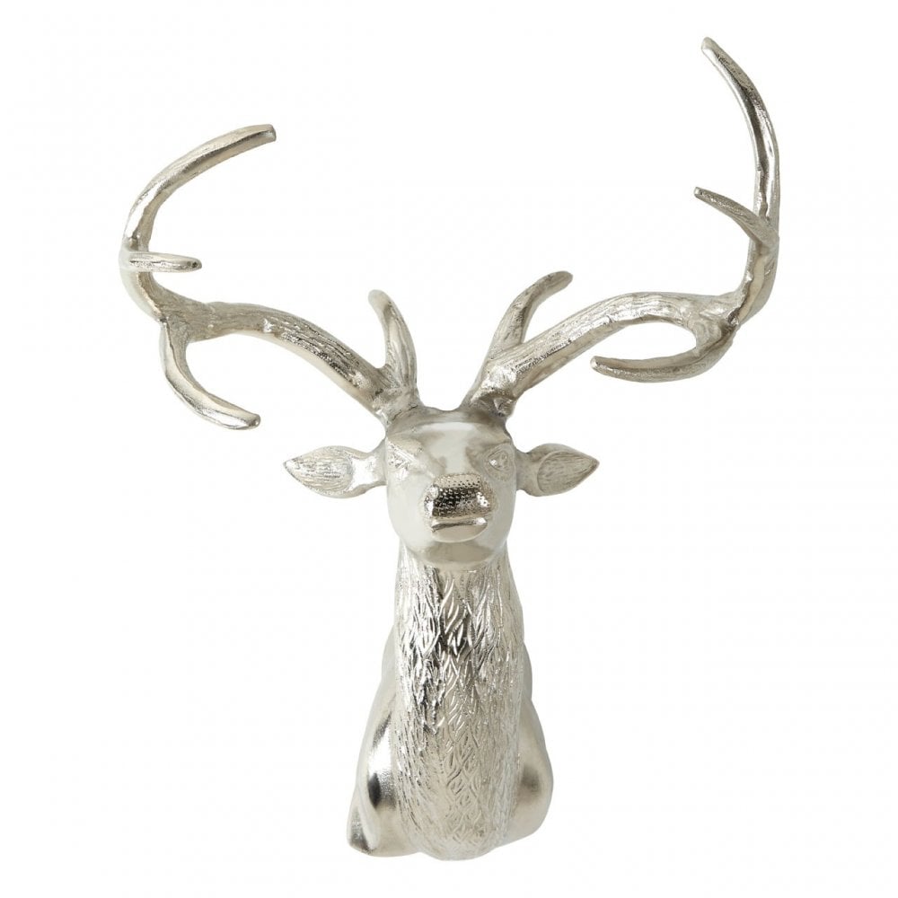 Wall Mounted Stag with Curved Antlers, Aluminium, Nickel, Silver