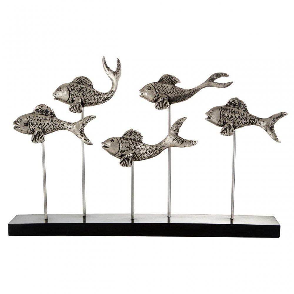 Complements School of Fish Sculpture, Aluminium, Iron, Mango Wood, Silver