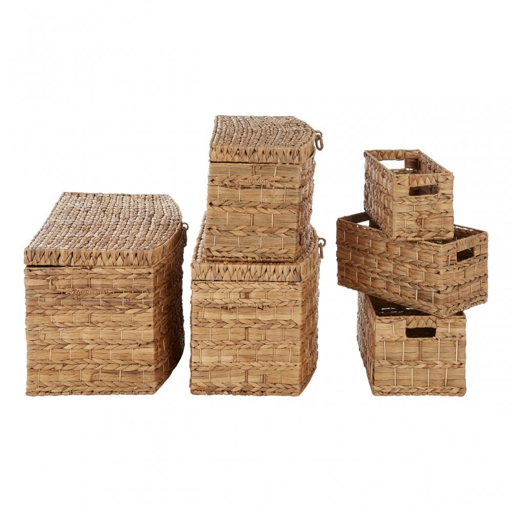 Water Hyacinth Storage Baskets Set of 6. Iron, Water Hyacinth, Natural