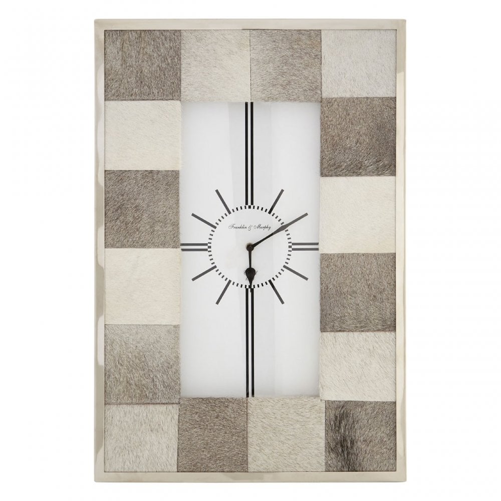 Tuskin Patchwork Wall Clock, Cowhide, Stainless Steel, Grey