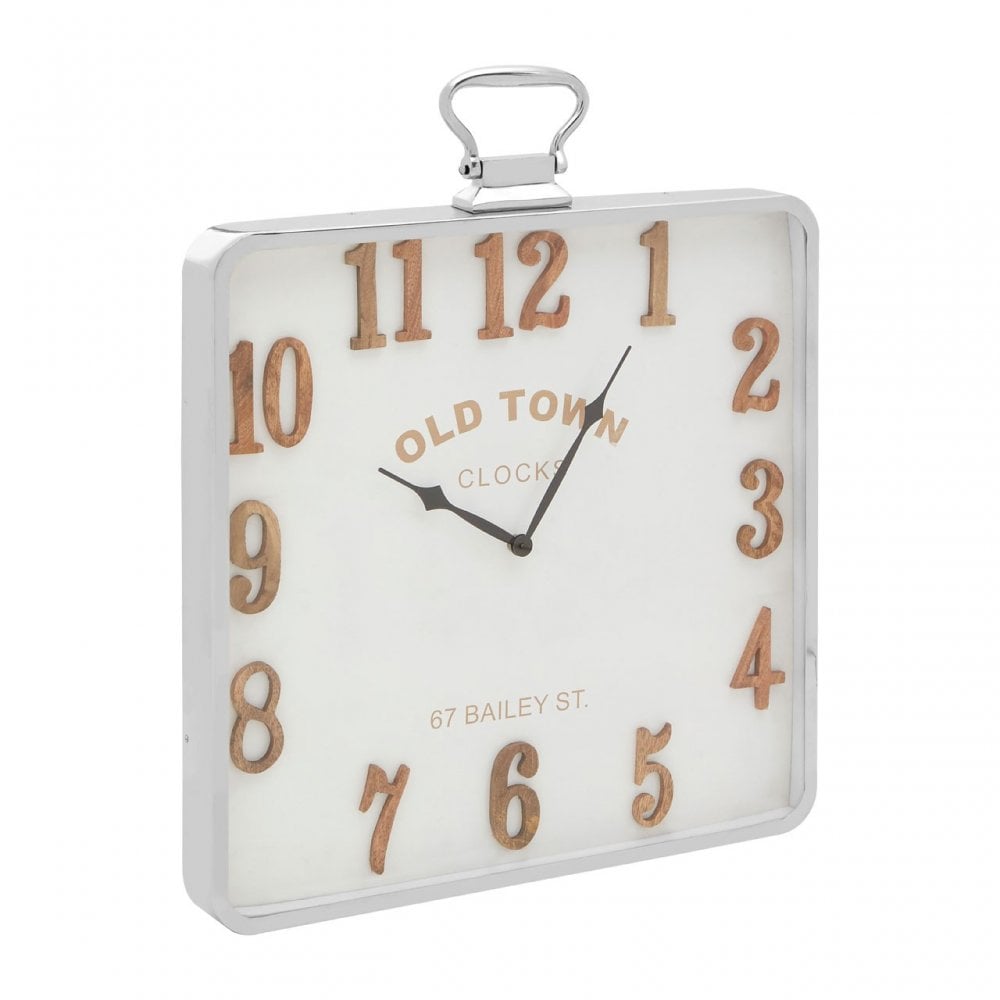 Townhouse Pocket Style Square Wall Clock, Aluminium, Wood, White