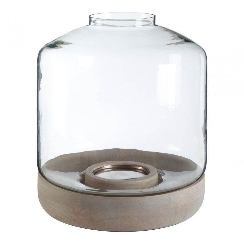Jain Large Hurricane Candle Holder, Glass, Mango Wood, Natural