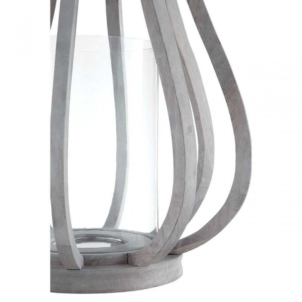 Jain Curved Wood Lantern, Leather, Glass, Mango Wood