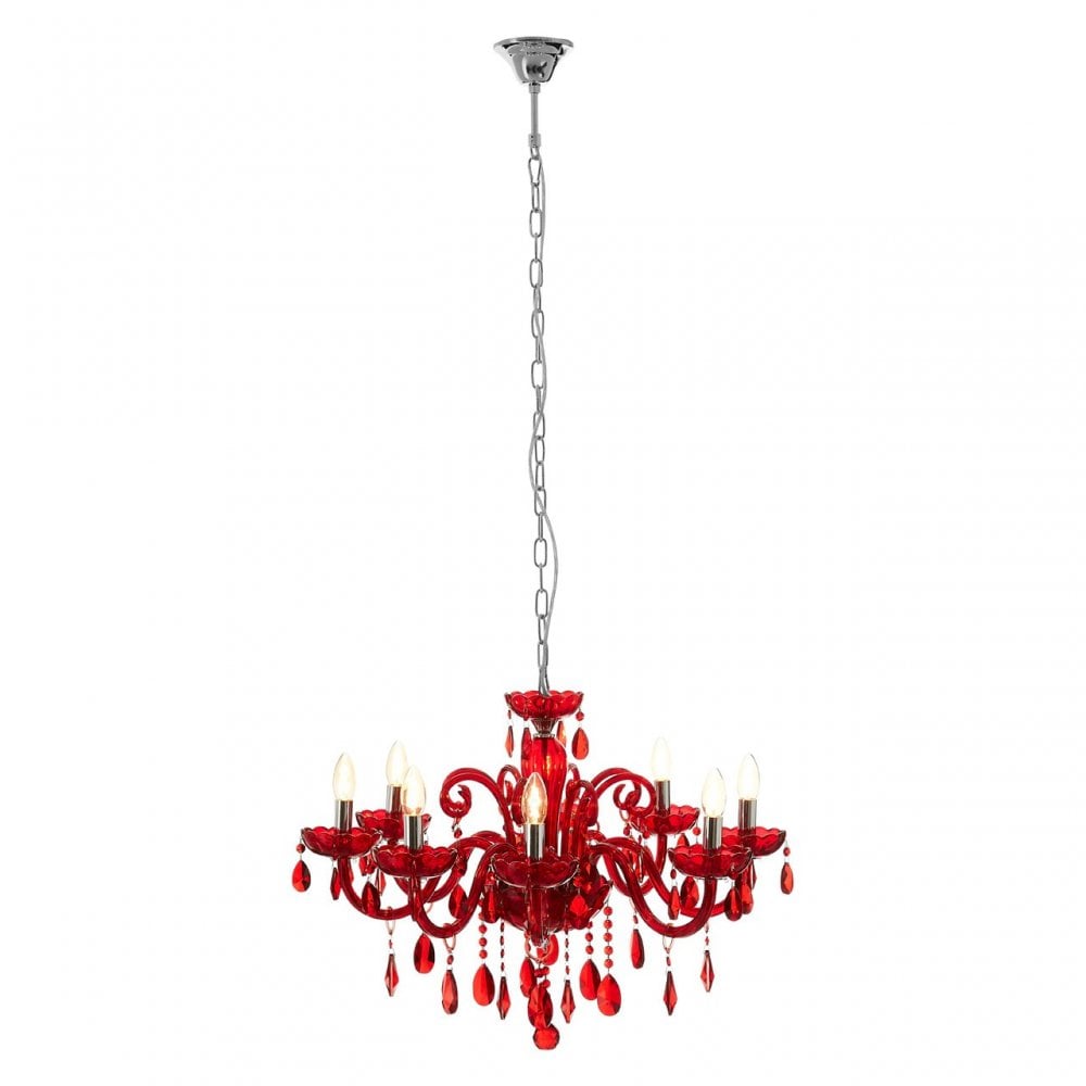 Murano Chrome and Red Crystal Glass Chandelier, Chrome, Glass, Iron, K9 Crystal, Red