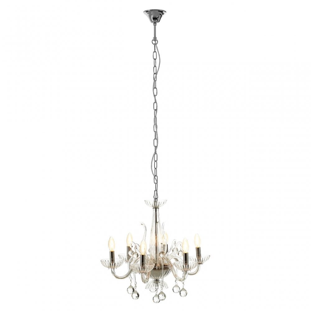 Murano 6 Bulb Clear Crystal Chandelier, Chrome, Glass, Iron, K9 Crystal, Clear