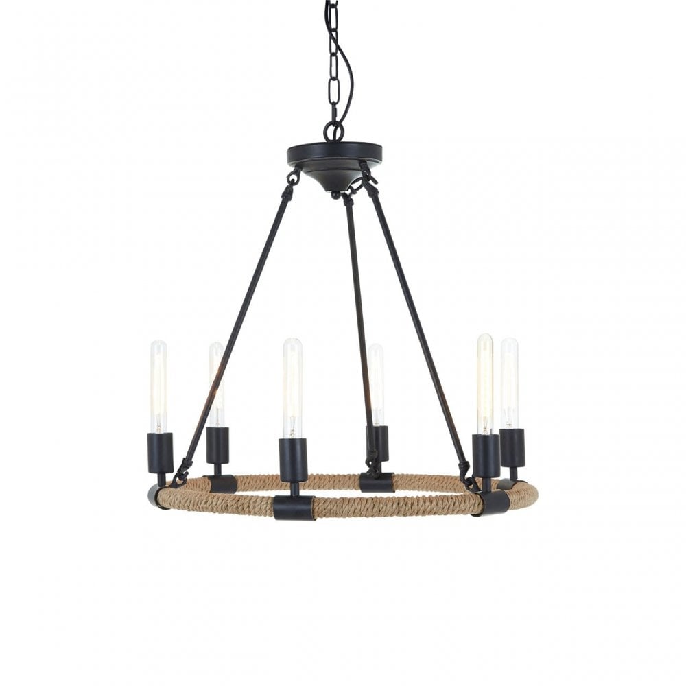 Townhouse 6 Bulb Chandelier, Iron, Linen Rope, Black