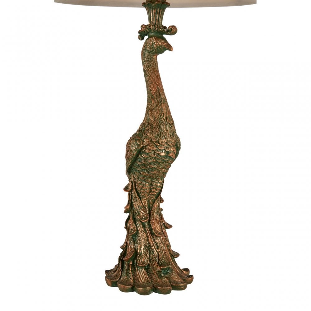 Peacock Table Lamp, Polystone, Silk, Bronze