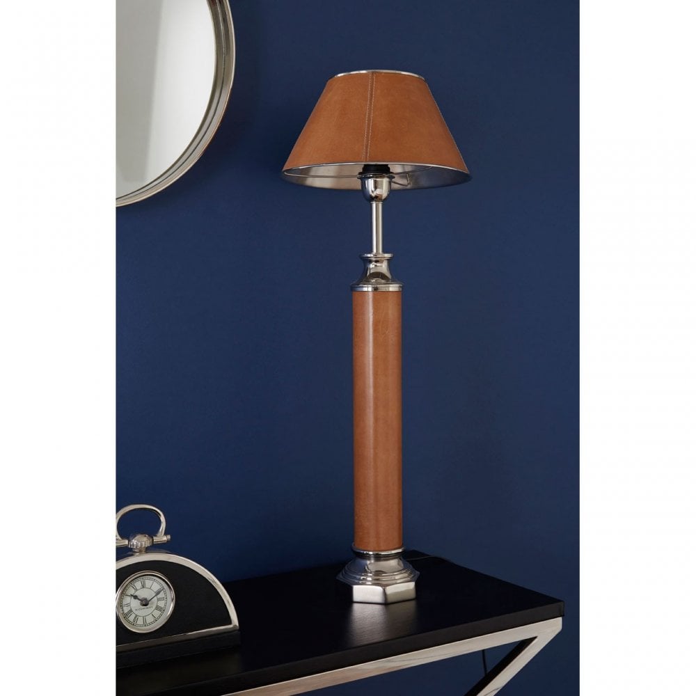 Oxlane Oxlane Churchill Table Lamp, Aluminium, Brass, Leather, Iron, Steel, Brown