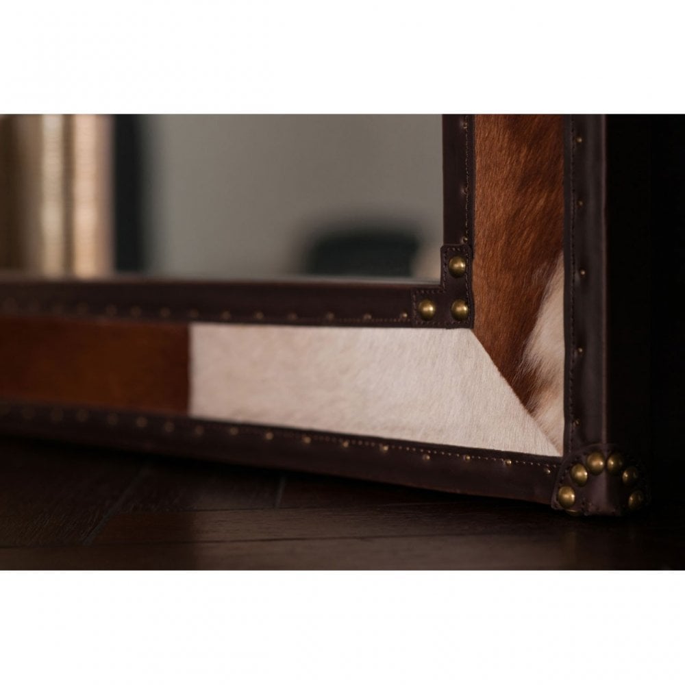 Brown/White Genuine Cowhide Wall Mirror, Cowhide, Mirrored Glass, Stainless Steel, Brown