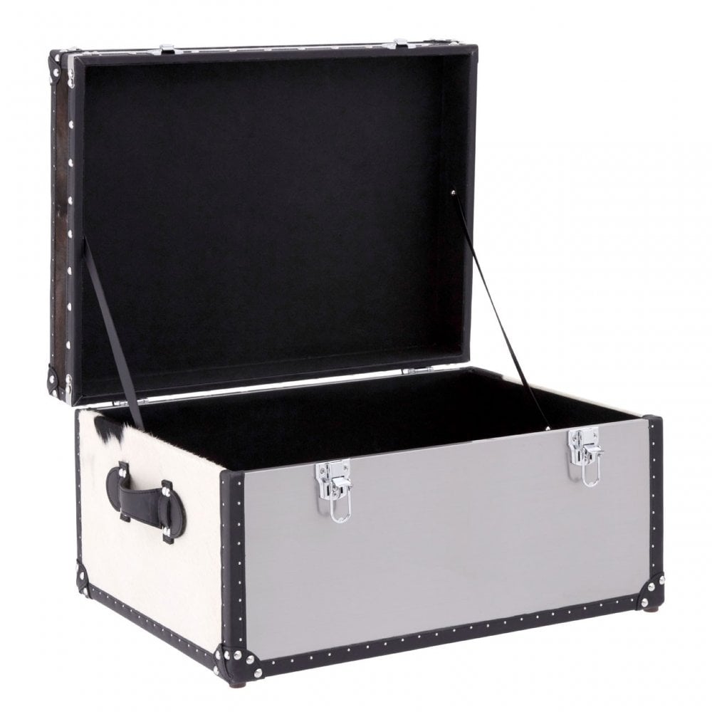 Black / White Genuine Cowhide Storage Trunk, Cowhide, Stainless Steel, Black