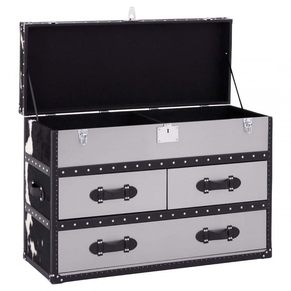 Black/White Genuine Cowhide 3 Drawer Cabinet, Cowhide, Stainless Steel, Black