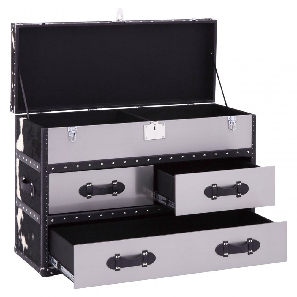 Black/White Genuine Cowhide 3 Drawer Cabinet, Cowhide, Stainless Steel, Black