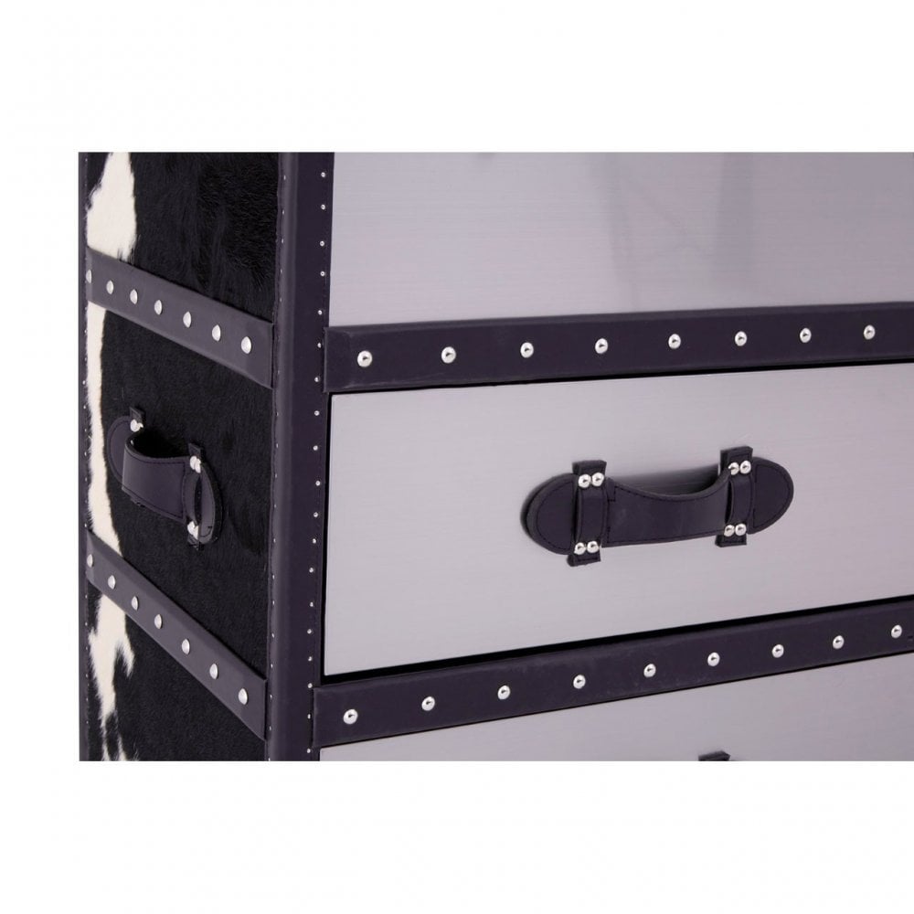 Black/White Genuine Cowhide 3 Drawer Cabinet, Cowhide, Stainless Steel, Black