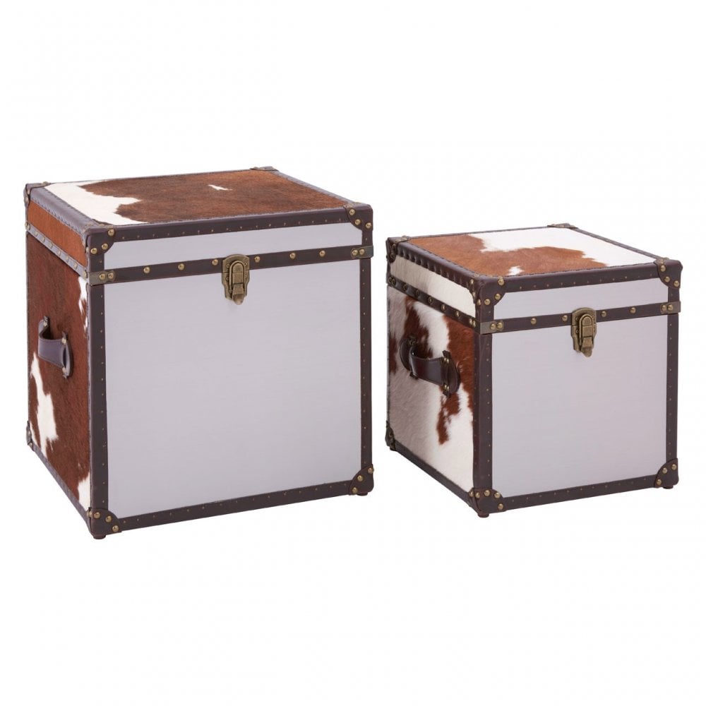 Brown / White Genuine Cowhide Storage Trunk Set, Cowhide, Stainless Steel, Brown