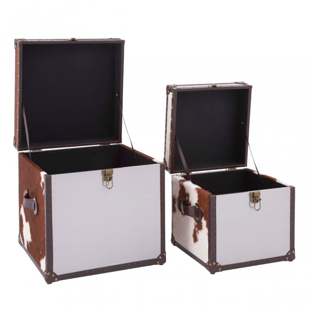 Brown / White Genuine Cowhide Storage Trunk Set, Cowhide, Stainless Steel, Brown
